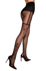 Black Secret Crotchless Tights Sheer Black with Berry Rose Floral Patterns & Faux Suspenders