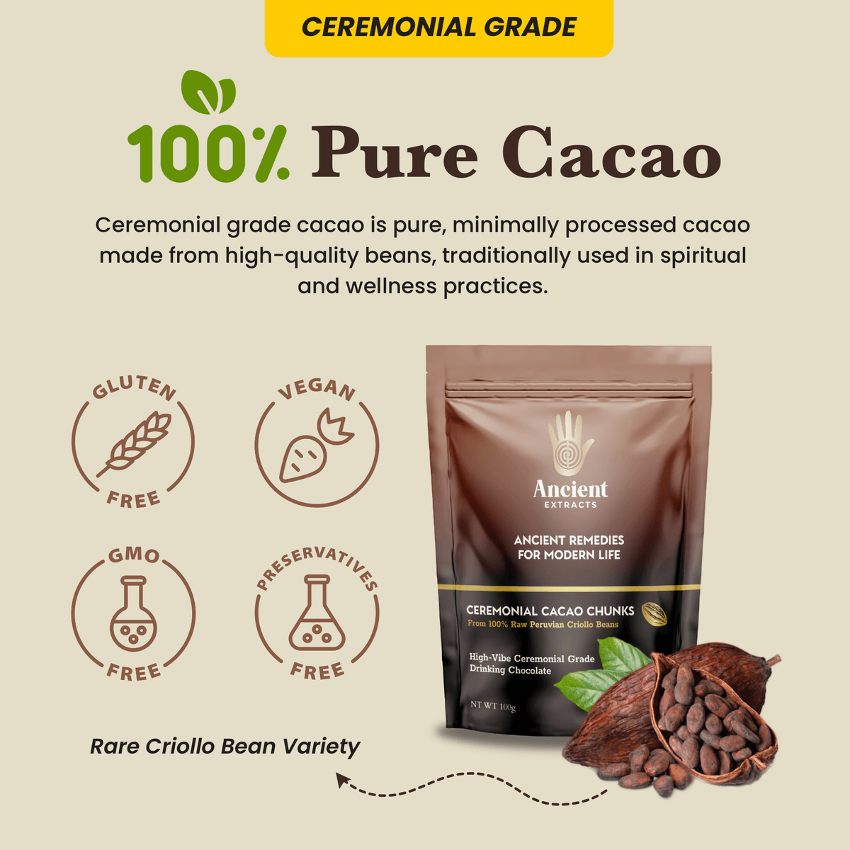 Ceremonial Grade Cacao Chunks - 100% Raw Criolla - 100g