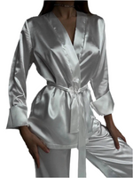 ELEGANCE White 2 Piece Tie Waist Satin Loungewear Set