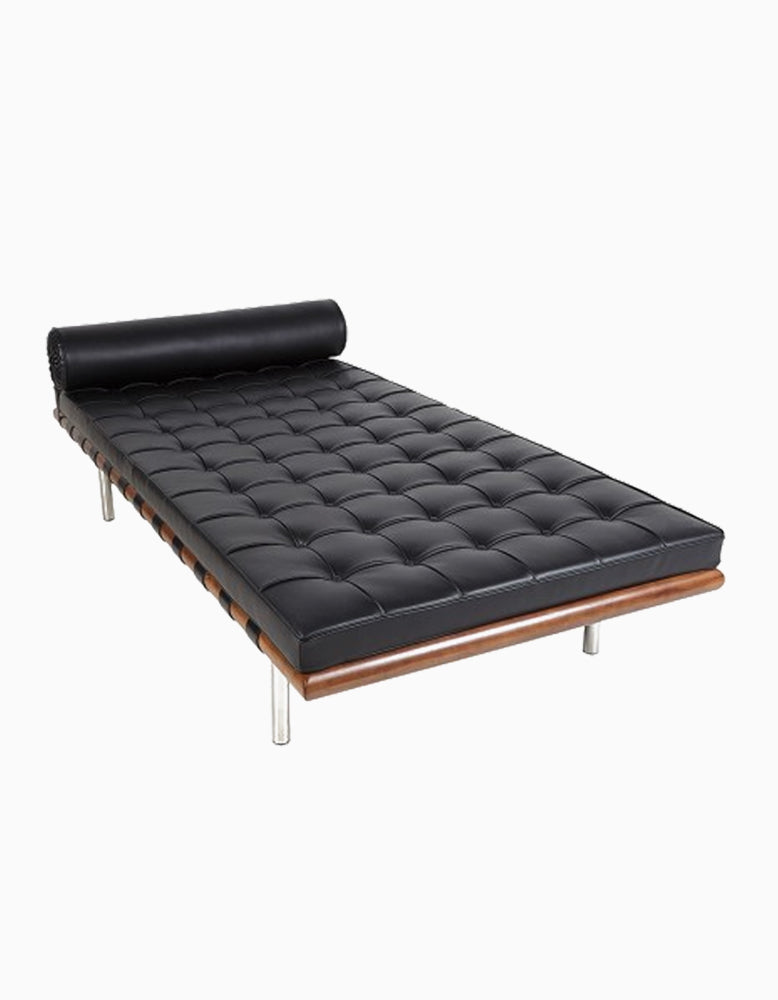 Barcelona Style Daybed, Black Leather, Wood Frame