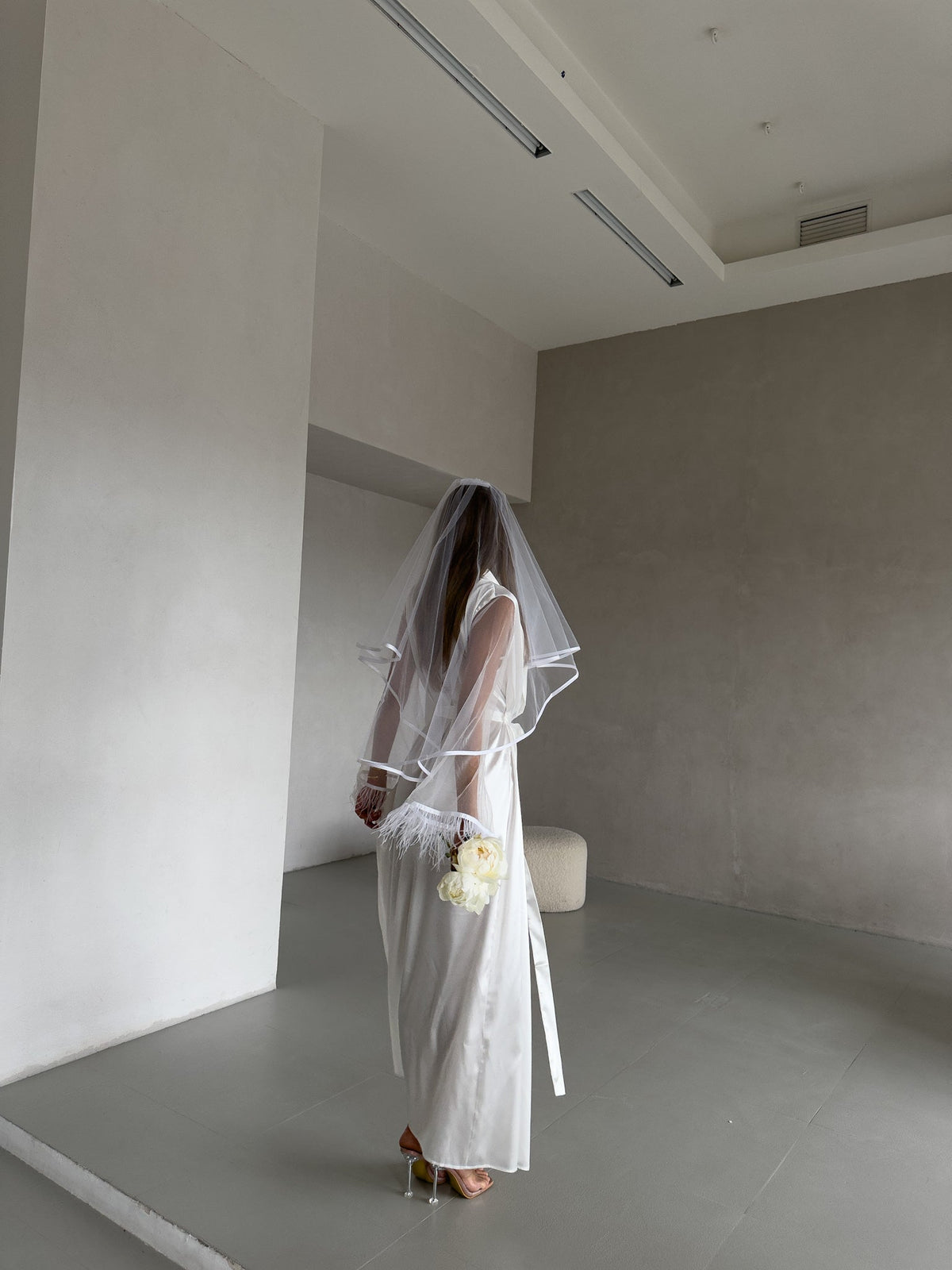 GODDESS Personalised White Satin Bridal Robe with Feather Trim