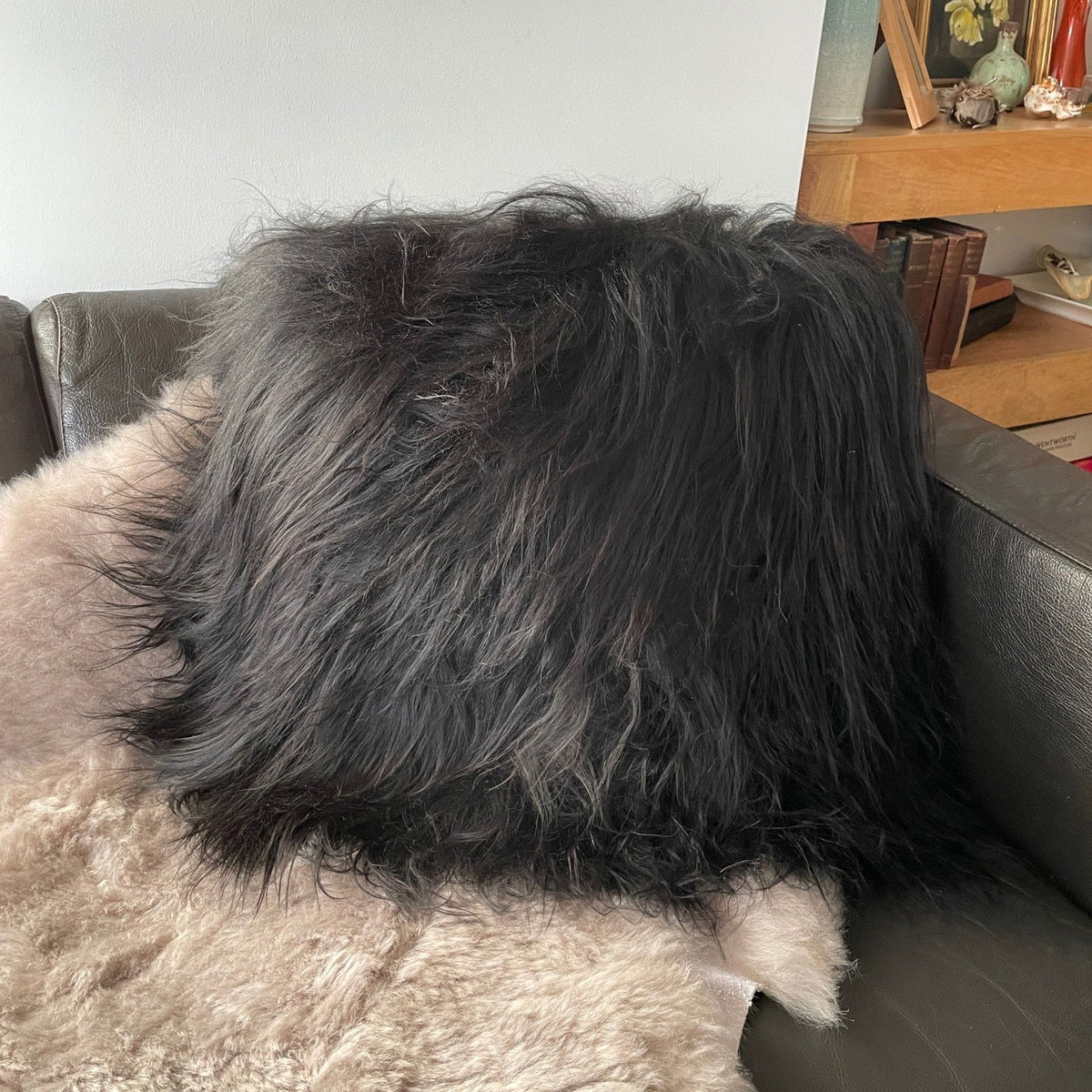 Icelandic Sheepskin Natural Long Natural Black Cushion Square Double Sided