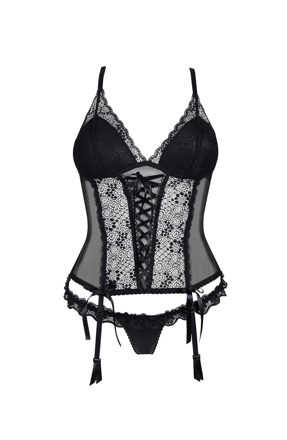 Beauty Night Lauren Lace Tulle Black Corset & Thong Set