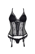 Beauty Night Lauren Lace Tulle Black Corset & Thong Set