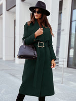 Women's Belted V-Neck Long-Sleeved Woolen Coat Green