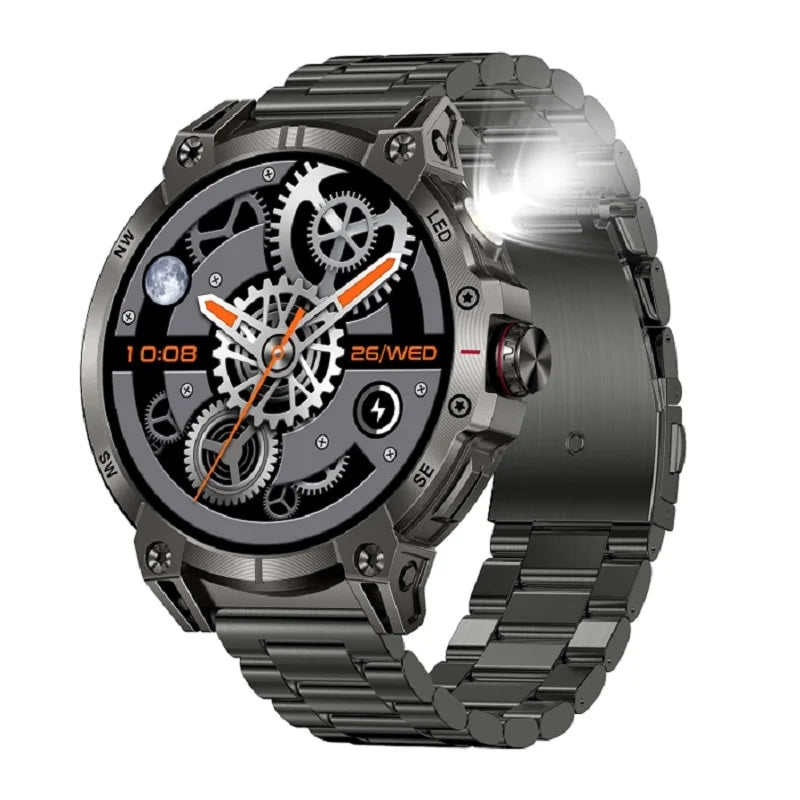 Military Grade Smartwatch 760mAh With Flashlight Black Steel