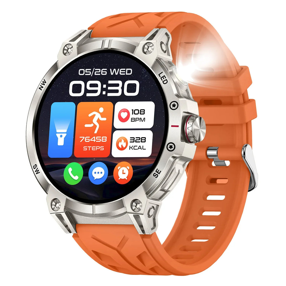 Military Grade Smartwatch 760mAh With Flashlight Orange silicone belt