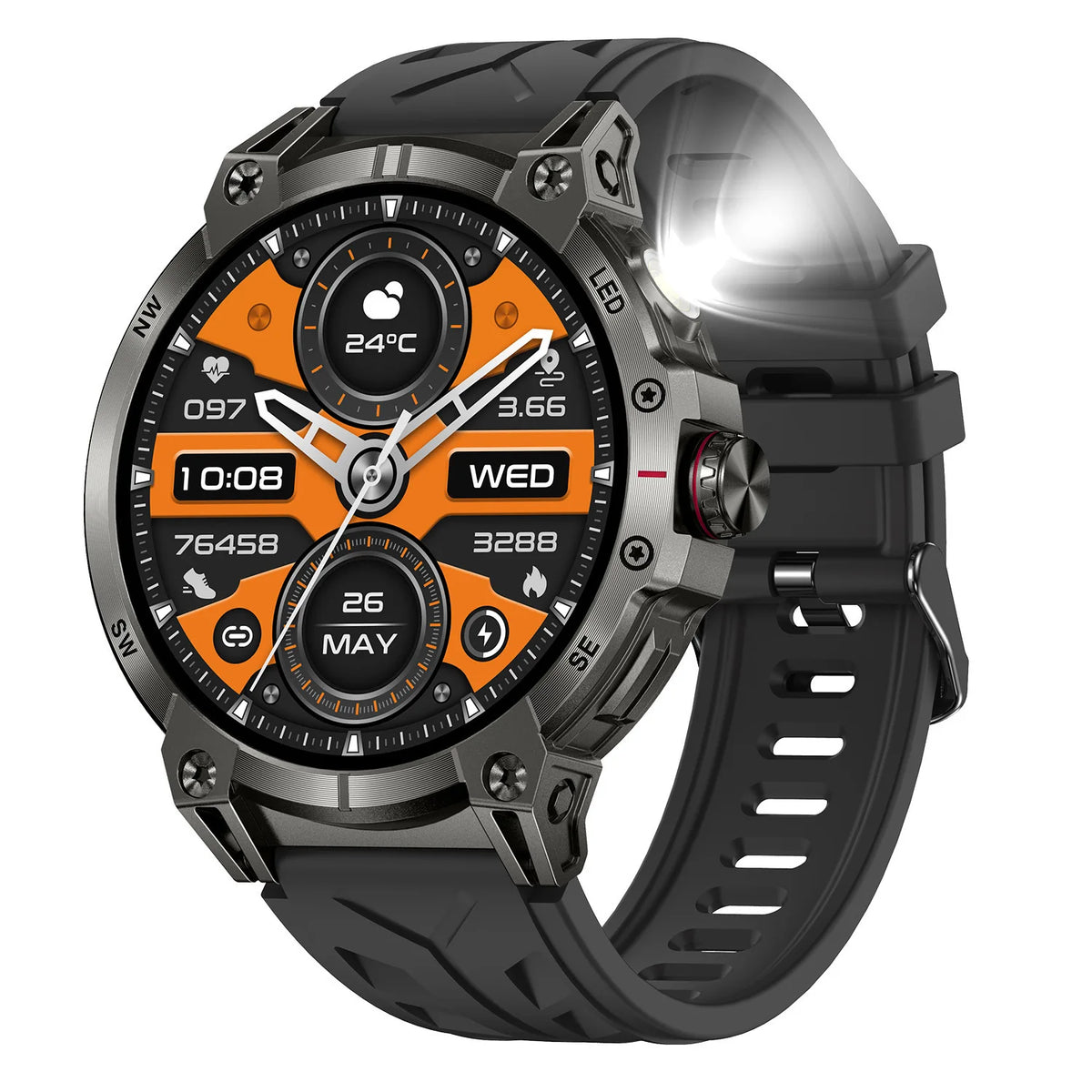 Military Grade Smartwatch 760mAh With Flashlight Black silicone belt