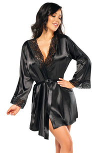 Beauty Night Sherie Peignoir Satin Black Robe & Thong Set