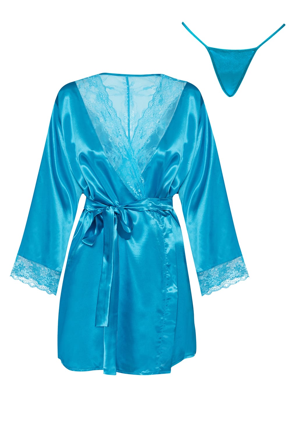 Beauty Night Sherie Satin Peignoir Robe and Thong Set Turquoise