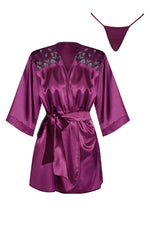 Beauty Night Summer Satin Lace Shoulder Accent Wide Sleeve Peignoir Burgundy