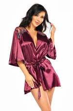Beauty Night Summer Satin Lace Shoulder Accent Wide Sleeve Peignoir Burgundy