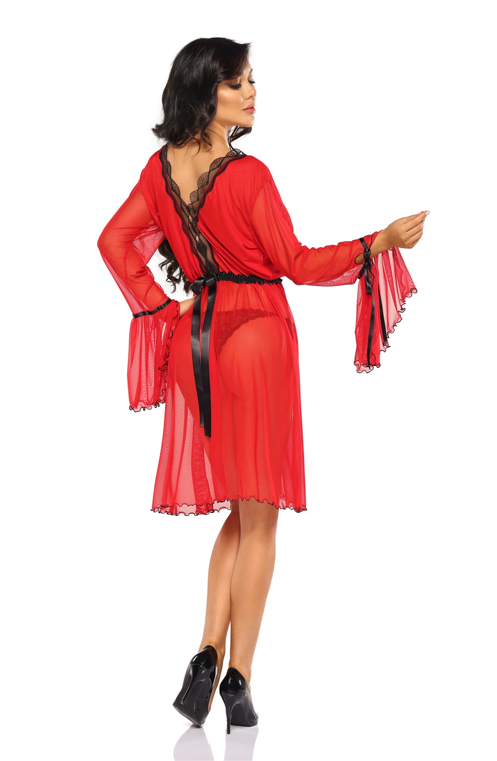 Beauty Night Valentina Sheer Mesh Lace Deep V Bell Sleeve Peignoir Red