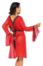 Beauty Night Valentina Sheer Mesh Lace Deep V Bell Sleeve Peignoir Red