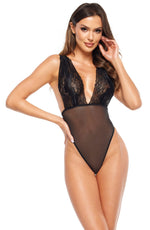 Beauty Night Veronica Sultry Lace Shimmering Tulle Deep Neckline Cross-Back Teddy Black