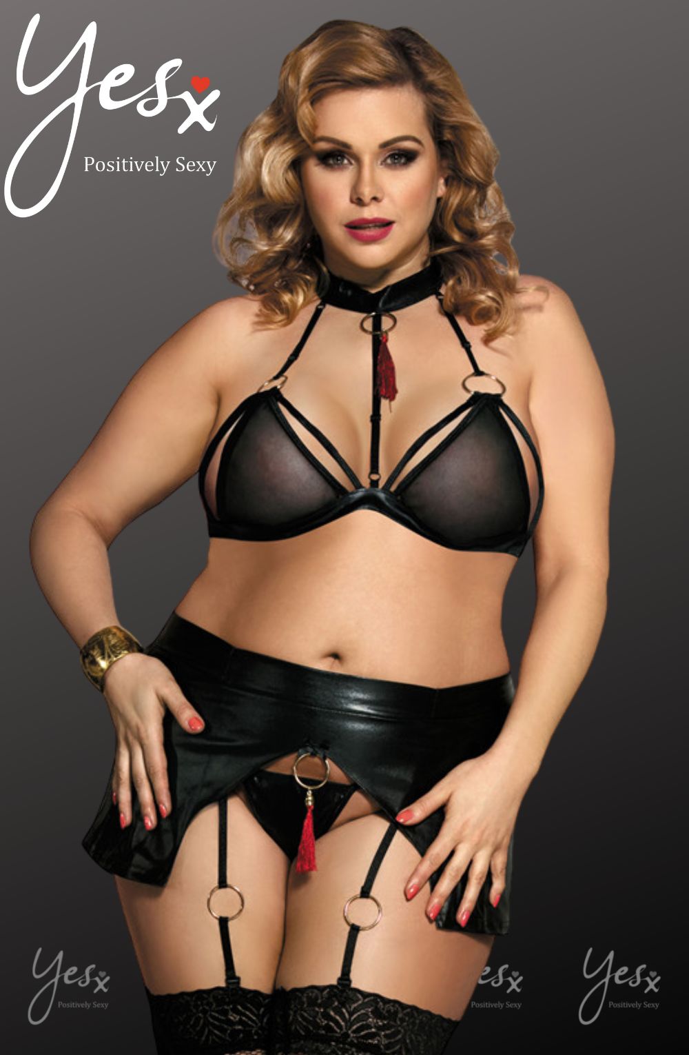 YesX Plus Size Halter Neck Bra 3 Piece Lingerie Set with Skirt Black