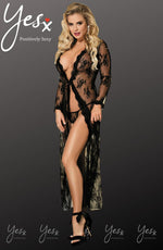 YesX Lace Sheer Long Gown Robe & Thong Set Black