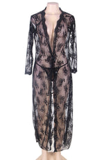 YesX Lace Sheer Long Gown Robe & Thong Set Black