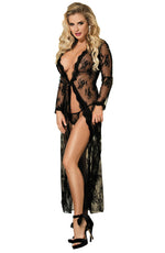 YesX Lace Sheer Long Gown Robe & Thong Set Black