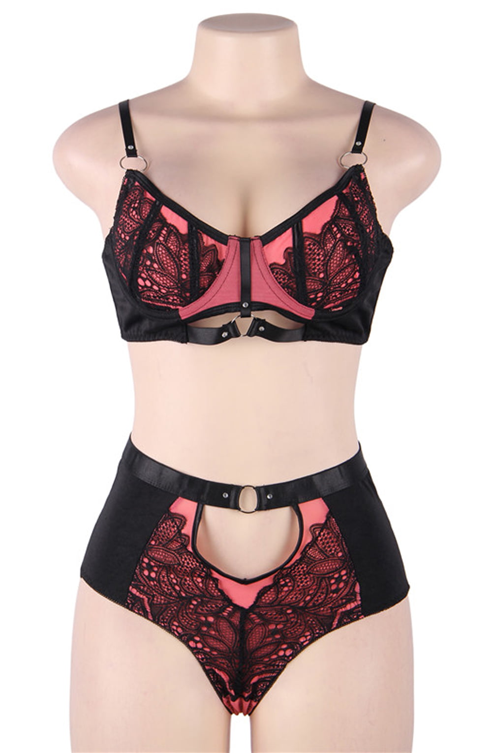 YesX Lace Bra & Panties Two Piece Lingerie Set Black & Pink