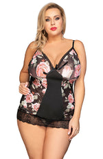 YesX Plus Size Floral Babydoll Chemise Black with Flowers