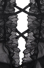 YesX Open Front Deep V Lace Tulle Teddy Black