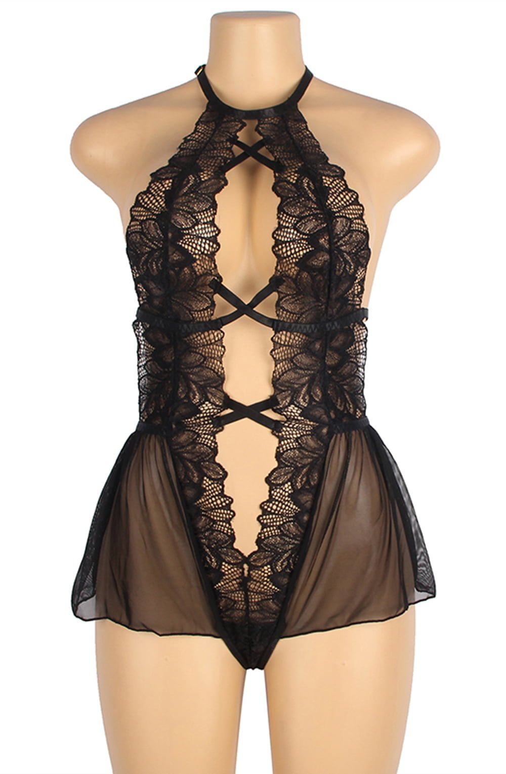 YesX Open Front Deep V Lace Tulle Teddy Black