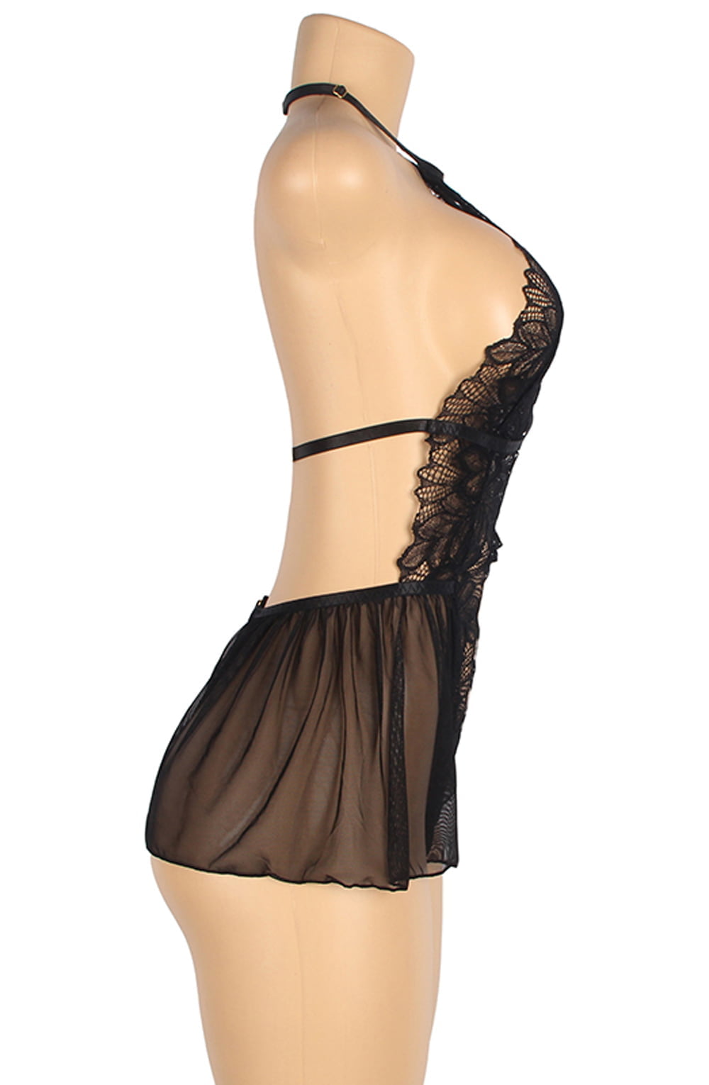 YesX Open Front Deep V Lace Tulle Teddy Black