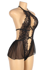 YesX Open Front Deep V Lace Tulle Teddy Black