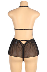 YesX Open Front Deep V Lace Tulle Teddy Black