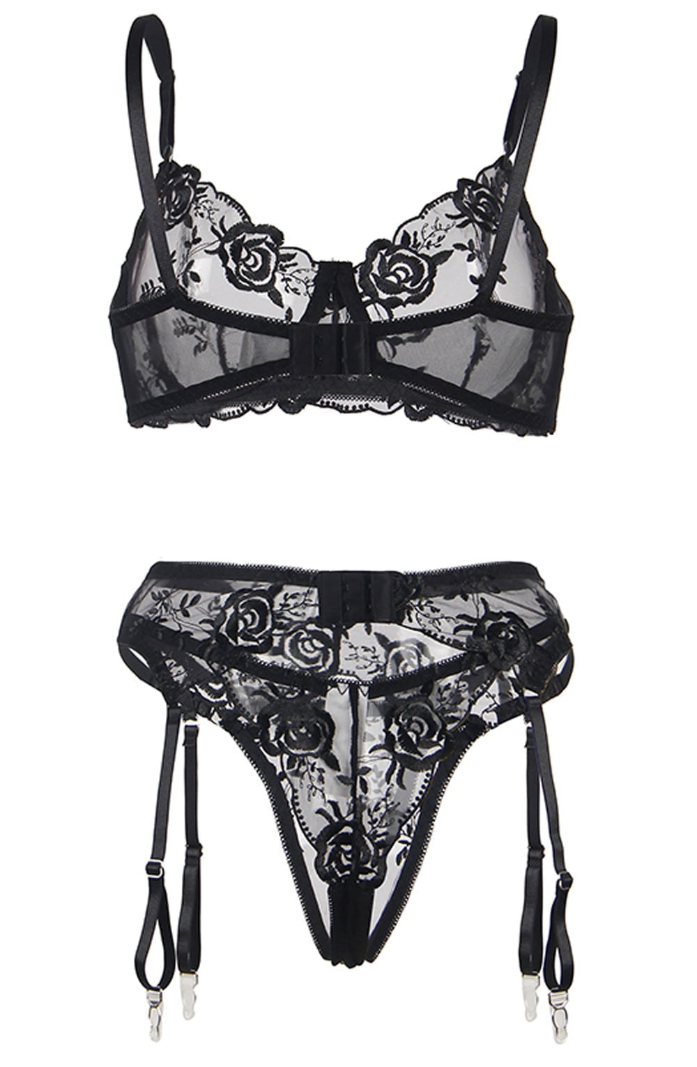 YesX Embroidered Lace 3 Piece Lingerie Set Black