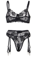 YesX Embroidered Lace 3 Piece Lingerie Set Black