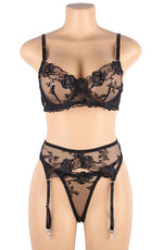 YesX Embroidered Lace 3 Piece Lingerie Set Black