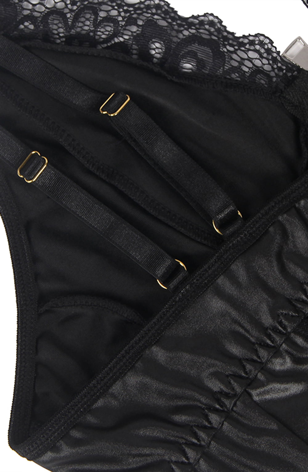 YesX Gartered Zip-up Wet Look 2 Piece Babydoll Set Black