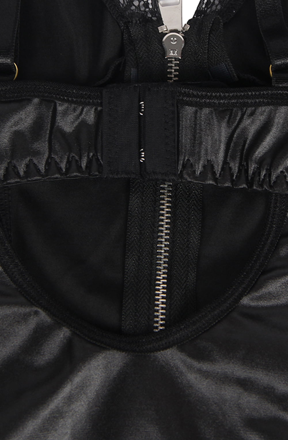 YesX Gartered Zip-up Wet Look 2 Piece Babydoll Set Black