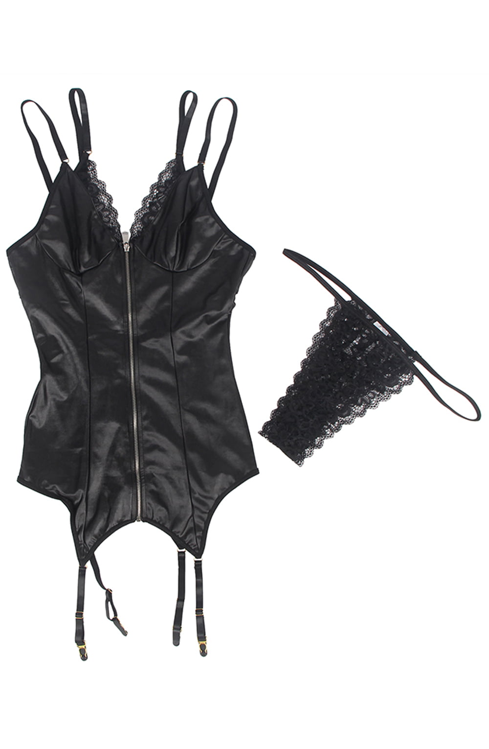YesX Gartered Zip-up Wet Look 2 Piece Babydoll Set Black