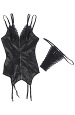 YesX Gartered Zip-up Wet Look 2 Piece Babydoll Set Black