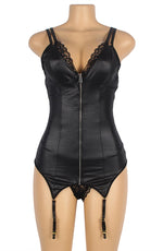 YesX Gartered Zip-up Wet Look 2 Piece Babydoll Set Black