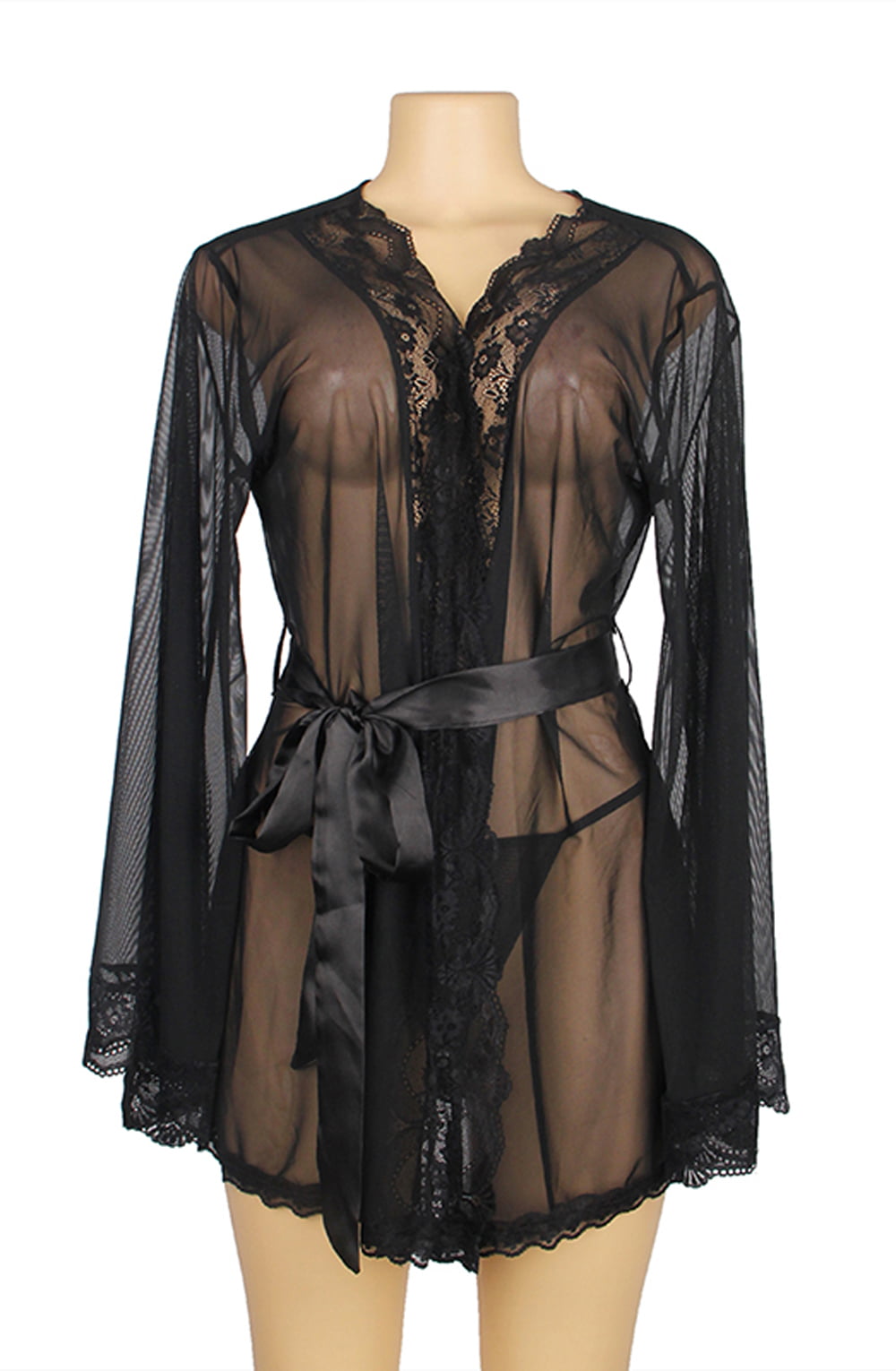YesX Lace Edge Sheer Dressing Gown Black
