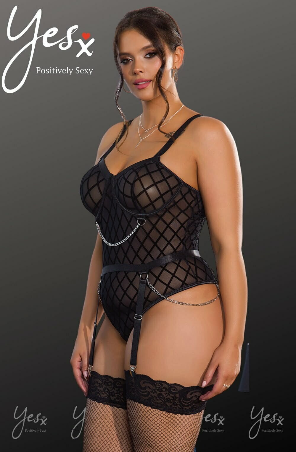 YesX Black Plus Size Bodysuit with Chains