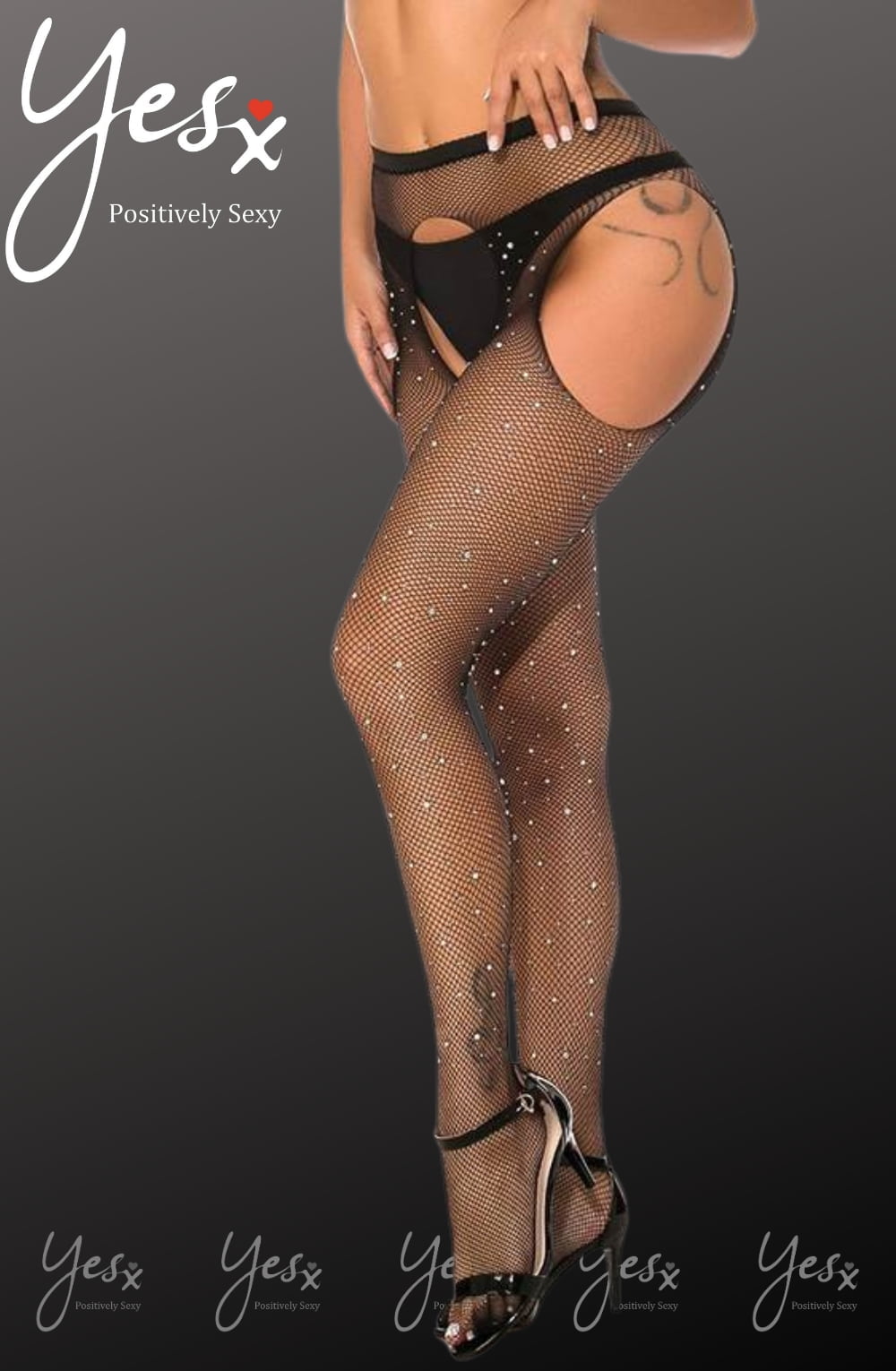YesX Sparkly Fishnet Crotchless Tights Black