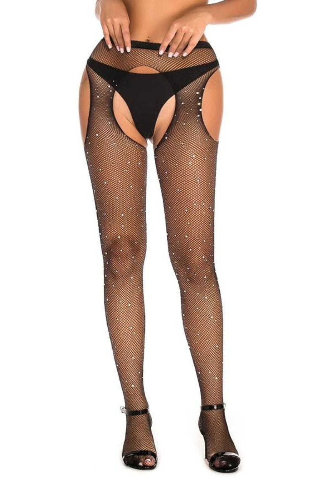 YesX Sparkly Fishnet Crotchless Tights Black