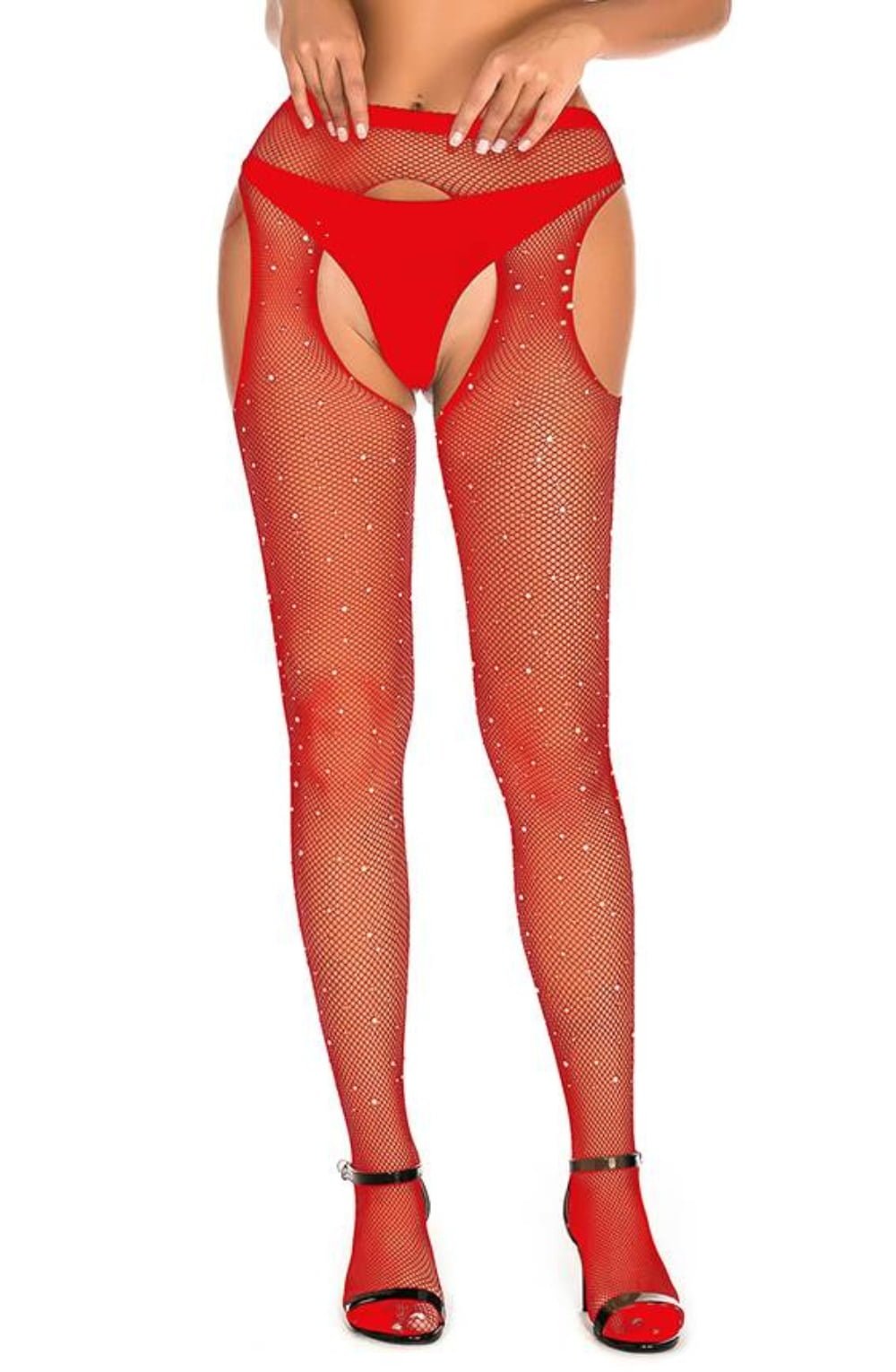 YesX Sparkly Fishnet Crotchless Tights Red