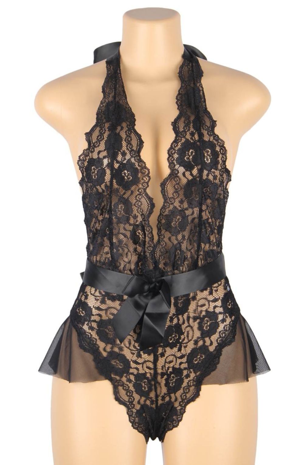 YesX Black Lace Ruffle Mesh Teddy