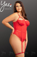 YesX Plus Size Red Lace Bodysuit with Suspenders & Leg Straps
