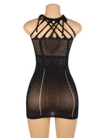 YesX Halter Neckline Sparkle Rhinestone Fishnet Erotic Sheer Dress Black