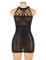 YesX Halter Neckline Sparkle Rhinestone Fishnet Erotic Sheer Dress Black