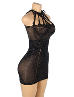 YesX Halter Neckline Sparkle Rhinestone Fishnet Erotic Sheer Dress Black