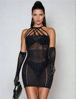 YesX Halter Neckline Sparkle Rhinestone Fishnet Erotic Sheer Dress Black
