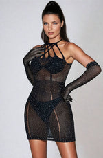 YesX Halter Neckline Sparkle Rhinestone Fishnet Erotic Sheer Dress Black